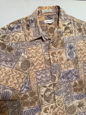 Vintage Pierre Cardin Hawaiian Shirt Mens Tan Tropical Camp Aloha - Large/Tall